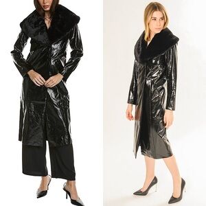 AREA STARS Faux Fur Shawl Collar Vegan Patent‎ Leather Penny Lane Trench Coat M